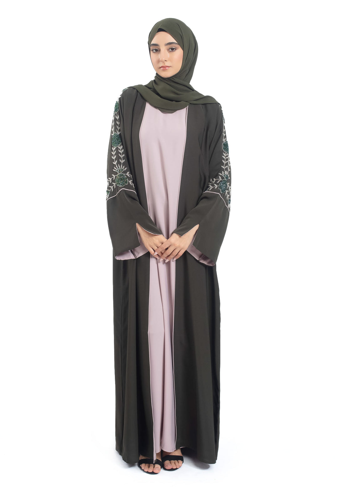 Premium Olive Open Abaya 3-Piece Kimono Set