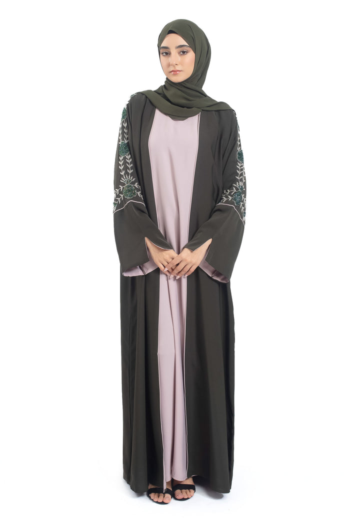 Premium Olive Open Abaya 3-Piece Kimono Set