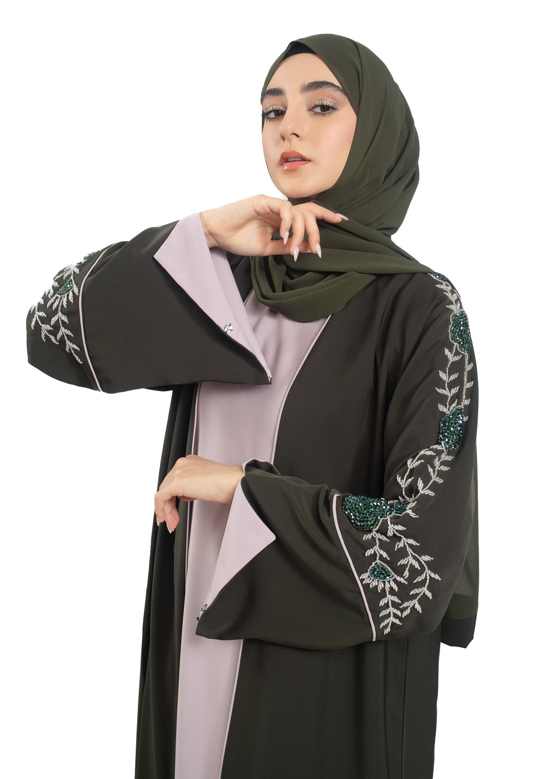 Premium Olive Open Abaya 3-Piece Kimono Set