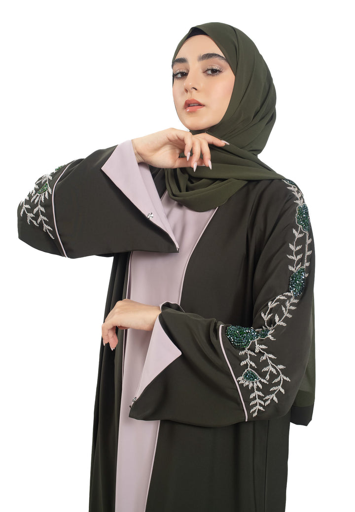 Premium Olive Open Abaya 3-Piece Kimono Set