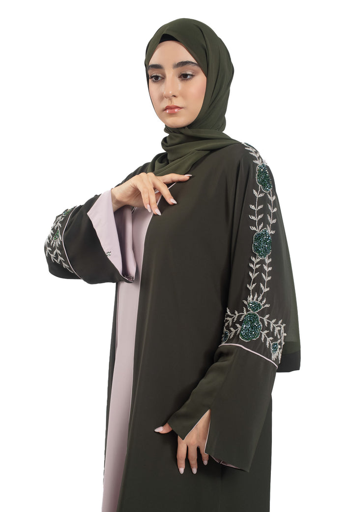 Premium Olive Open Abaya 3-Piece Kimono Set