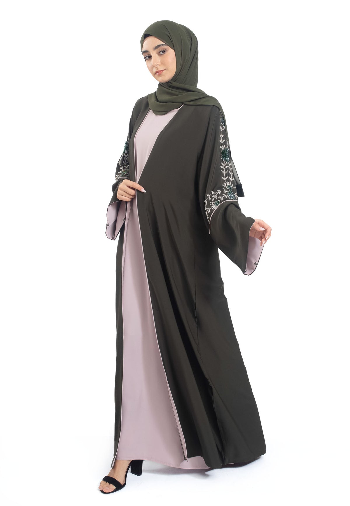 Premium Olive Open Abaya 3-Piece Kimono Set