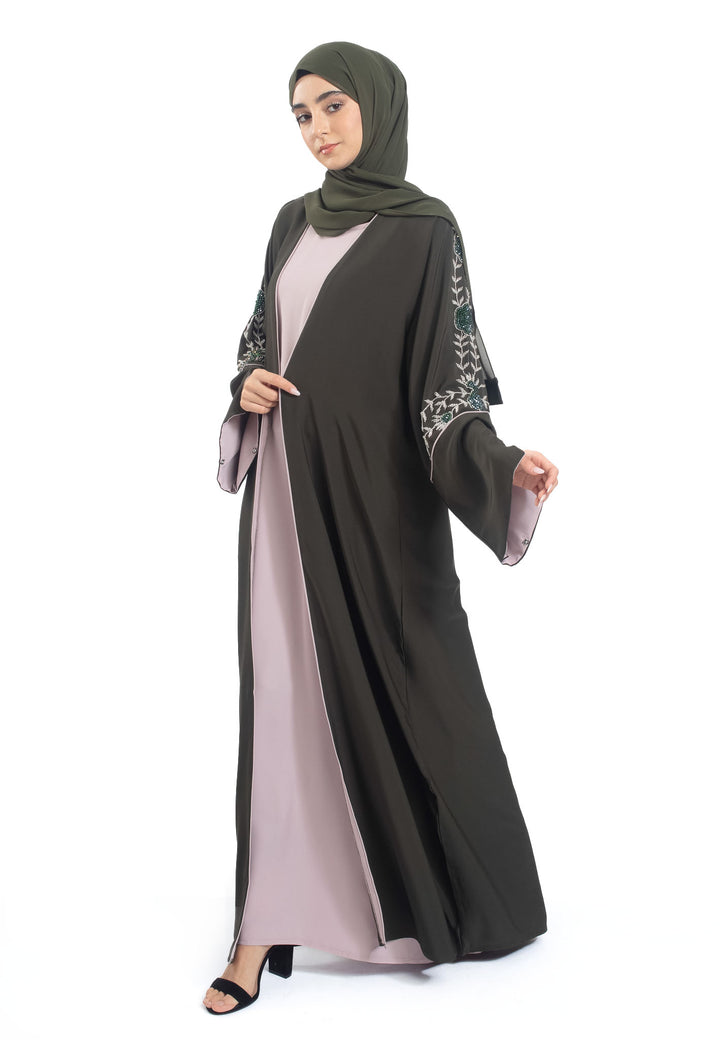 Premium Olive Open Abaya 3-Piece Kimono Set