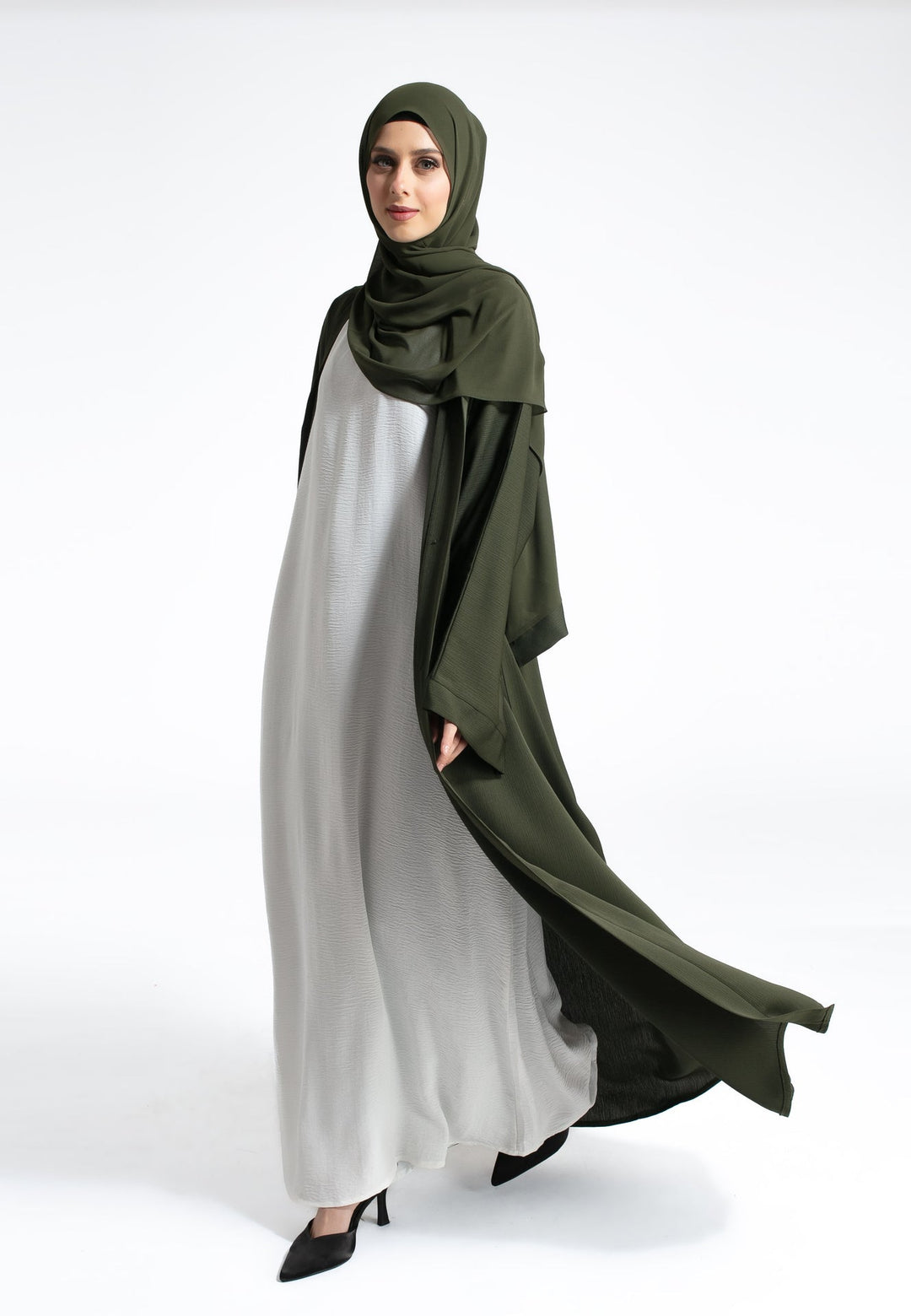olive green abaya dress Olive Maryam Floral Abaya Dress & Pants Set In Premium Silk Cotton