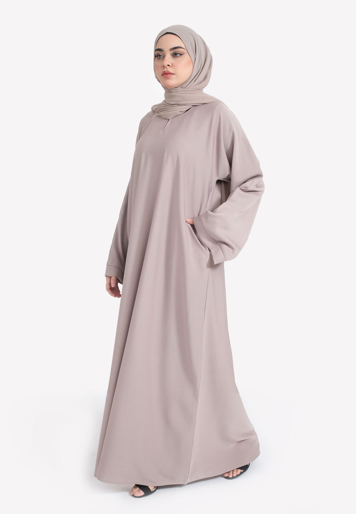 Pastel Mink Textured Abaya With Zip Pockets
