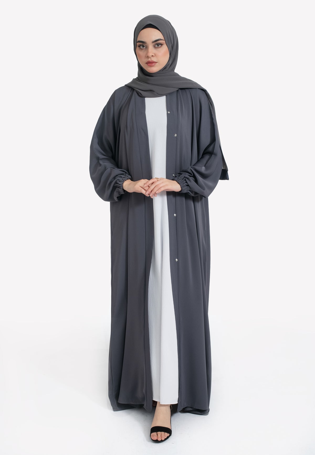 Pebble Grey Open Abaya with Cuffs