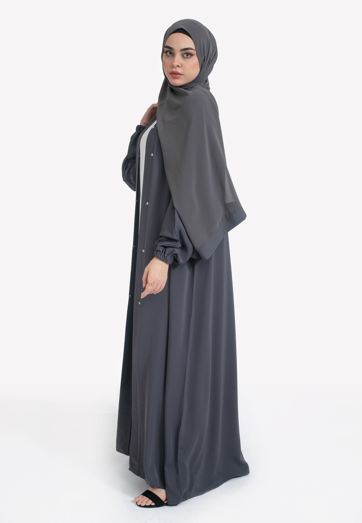 Pebble Grey Open Abaya with Cuffs