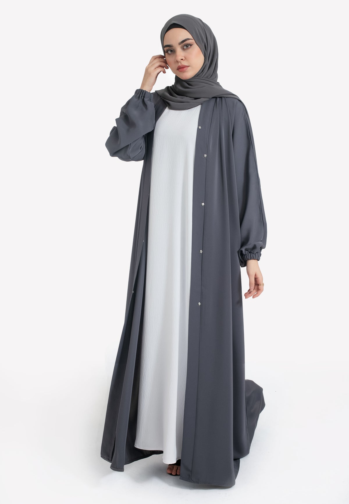 Pebble Grey Open Abaya with Cuffs