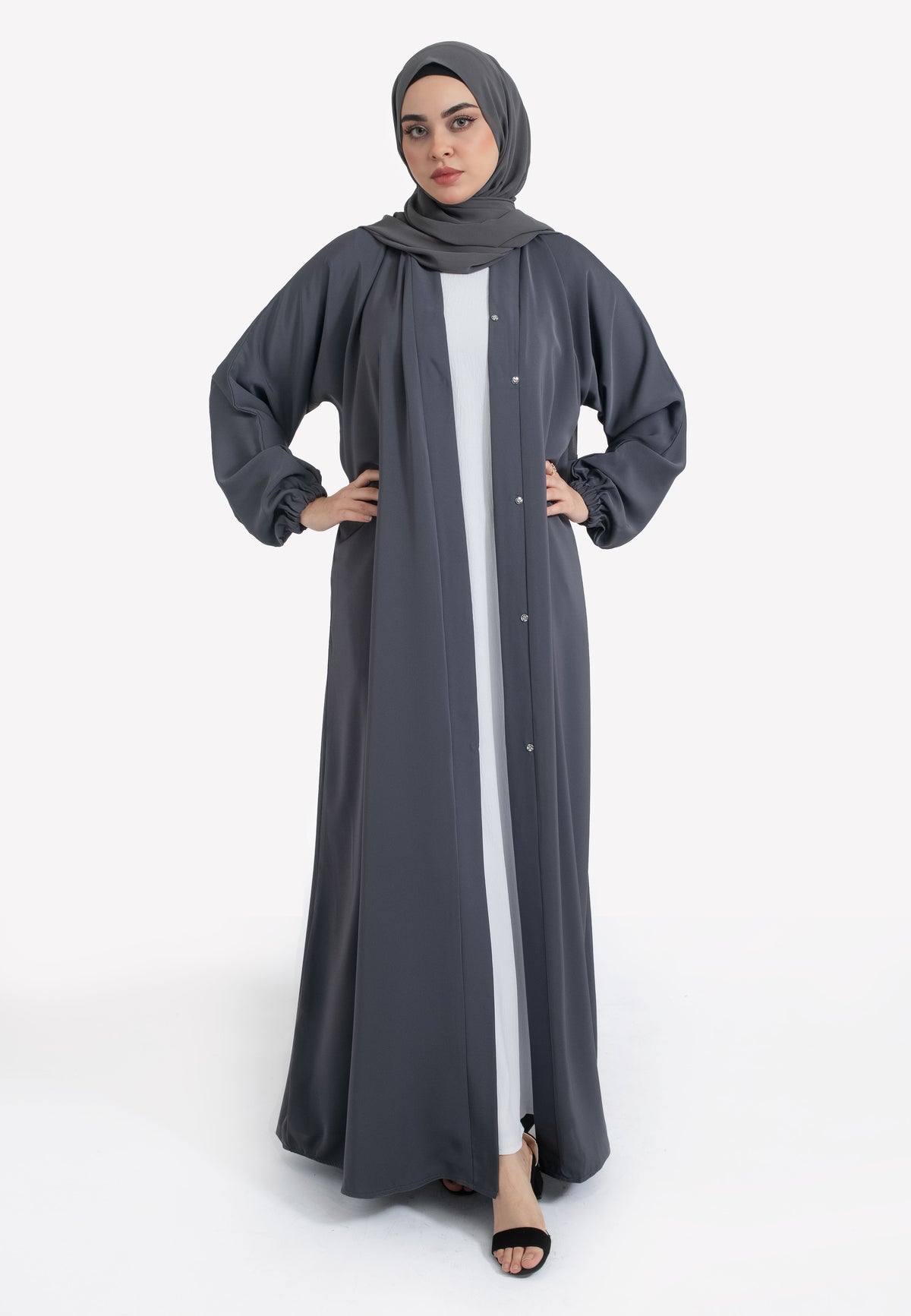 Pebble Grey Open Abaya with Cuffs
