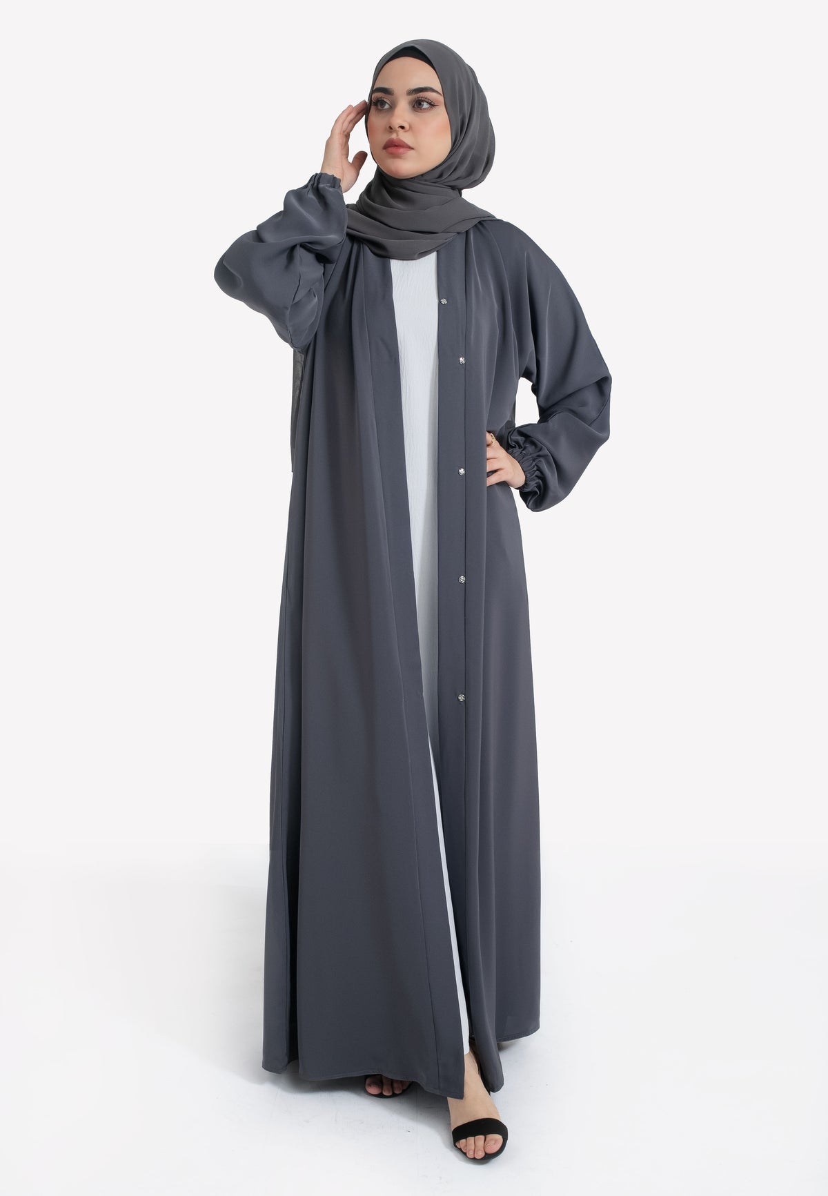 Pebble Grey Open Abaya with Cuffs