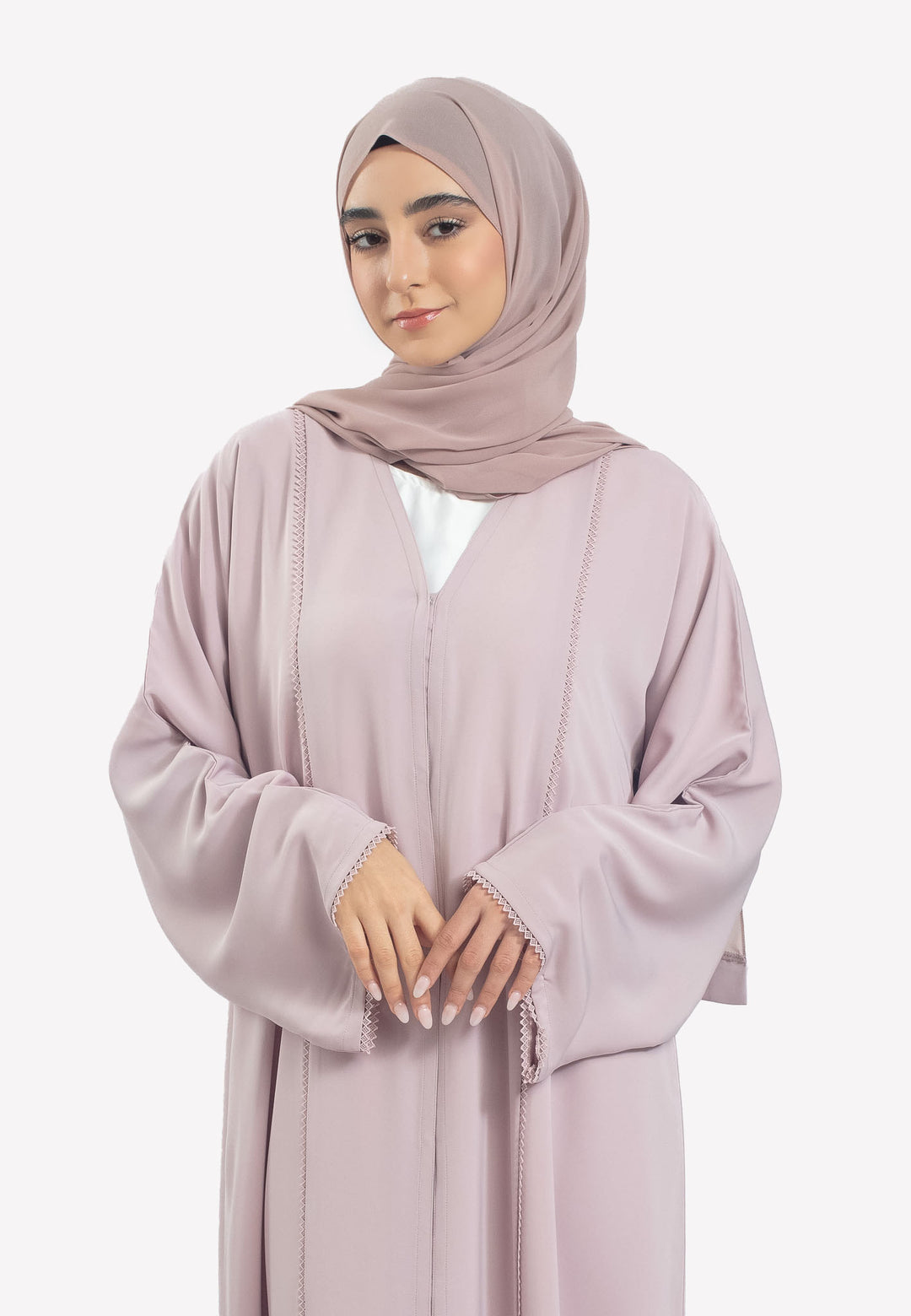 Details - Light Pink Dainty Lace Open Abaya