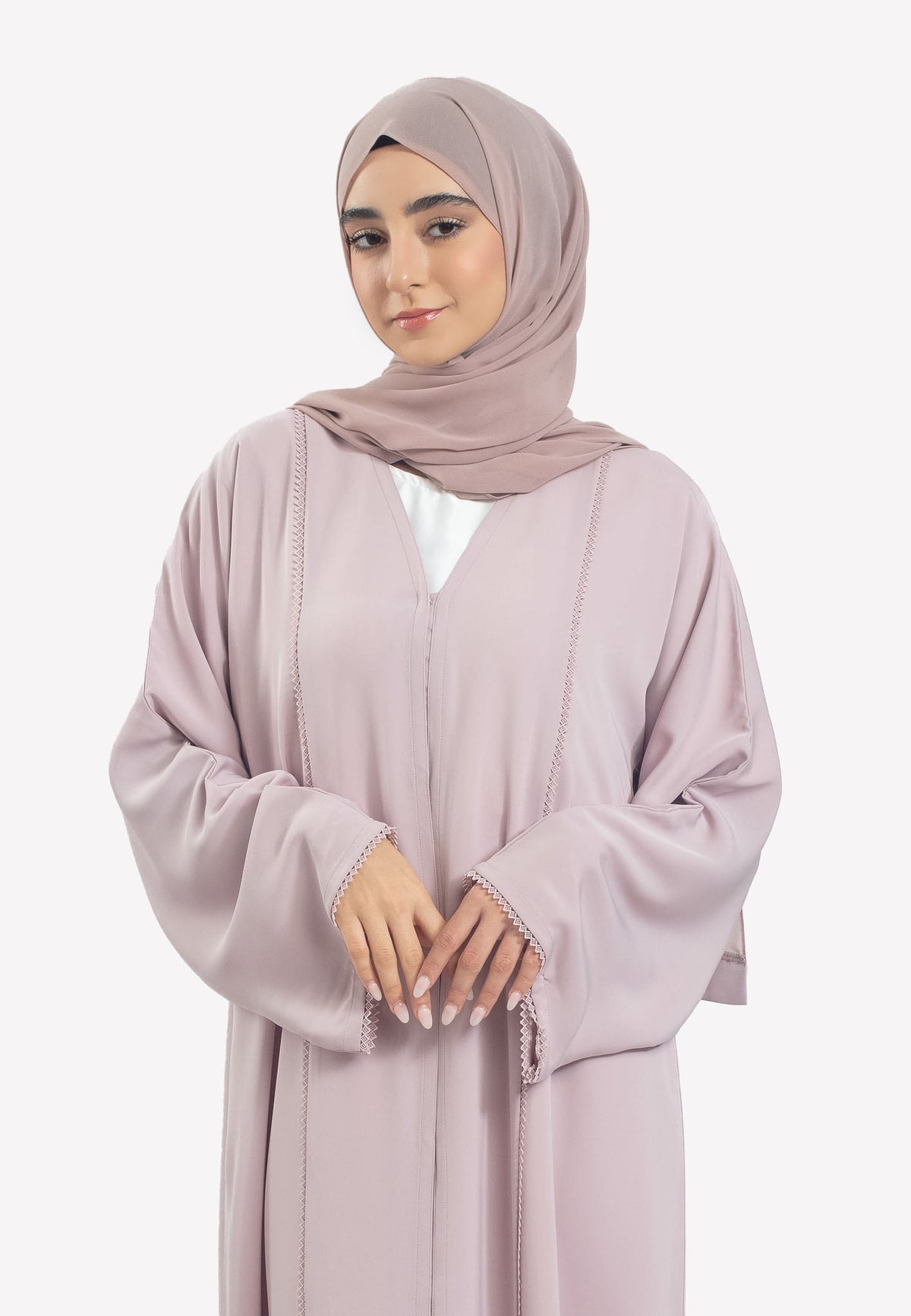 Details - Light Pink Dainty Lace Open Abaya