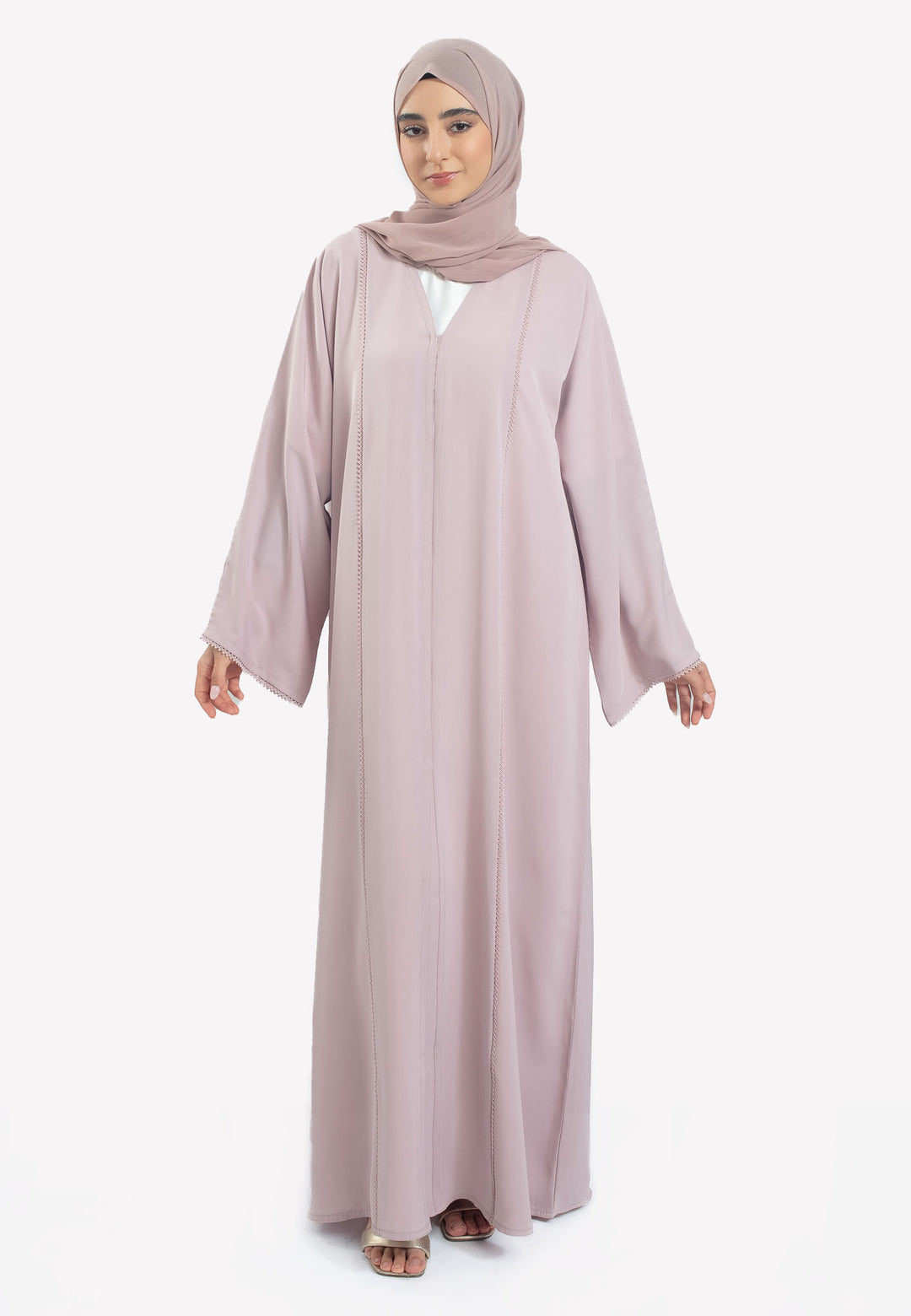 Front Closed - Light Pink Dainty Lace Open Abaya