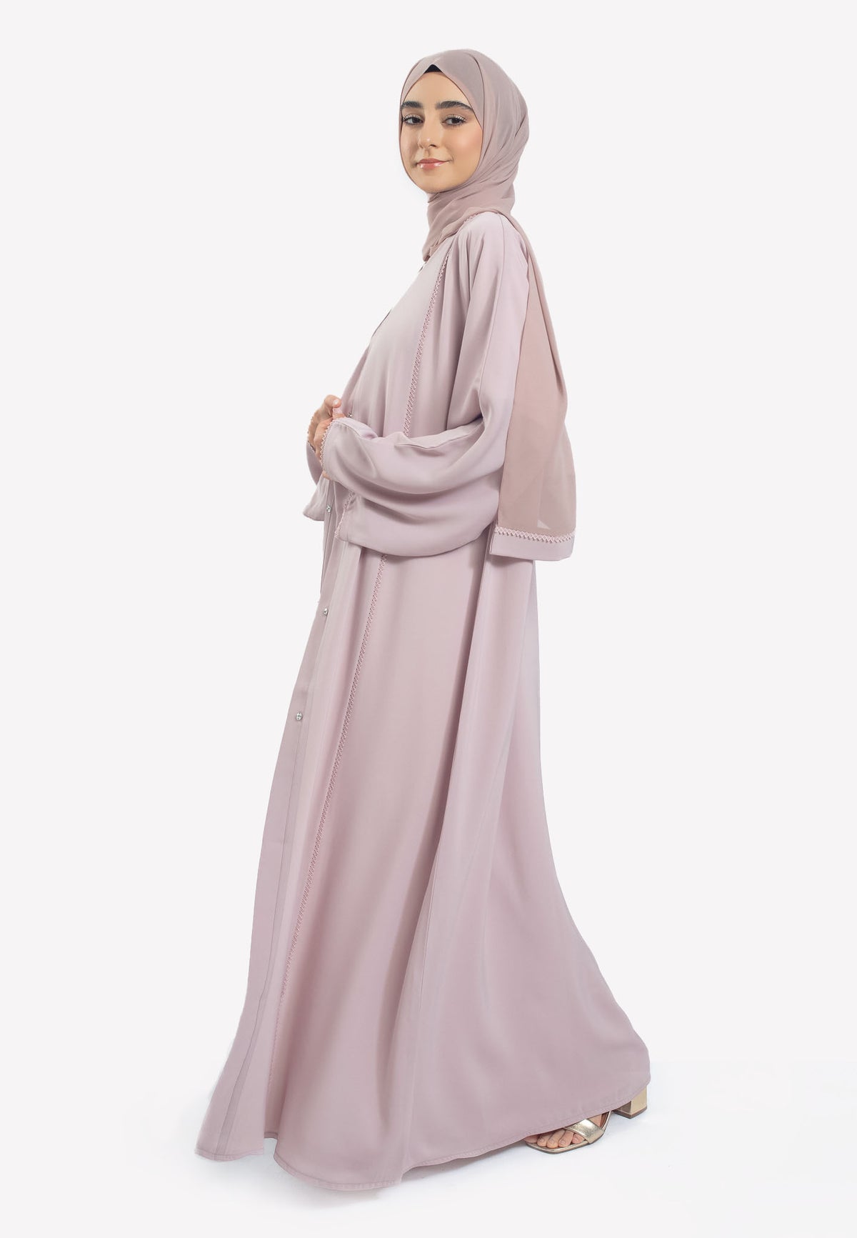 Side - Light Pink Dainty Lace Open Abaya