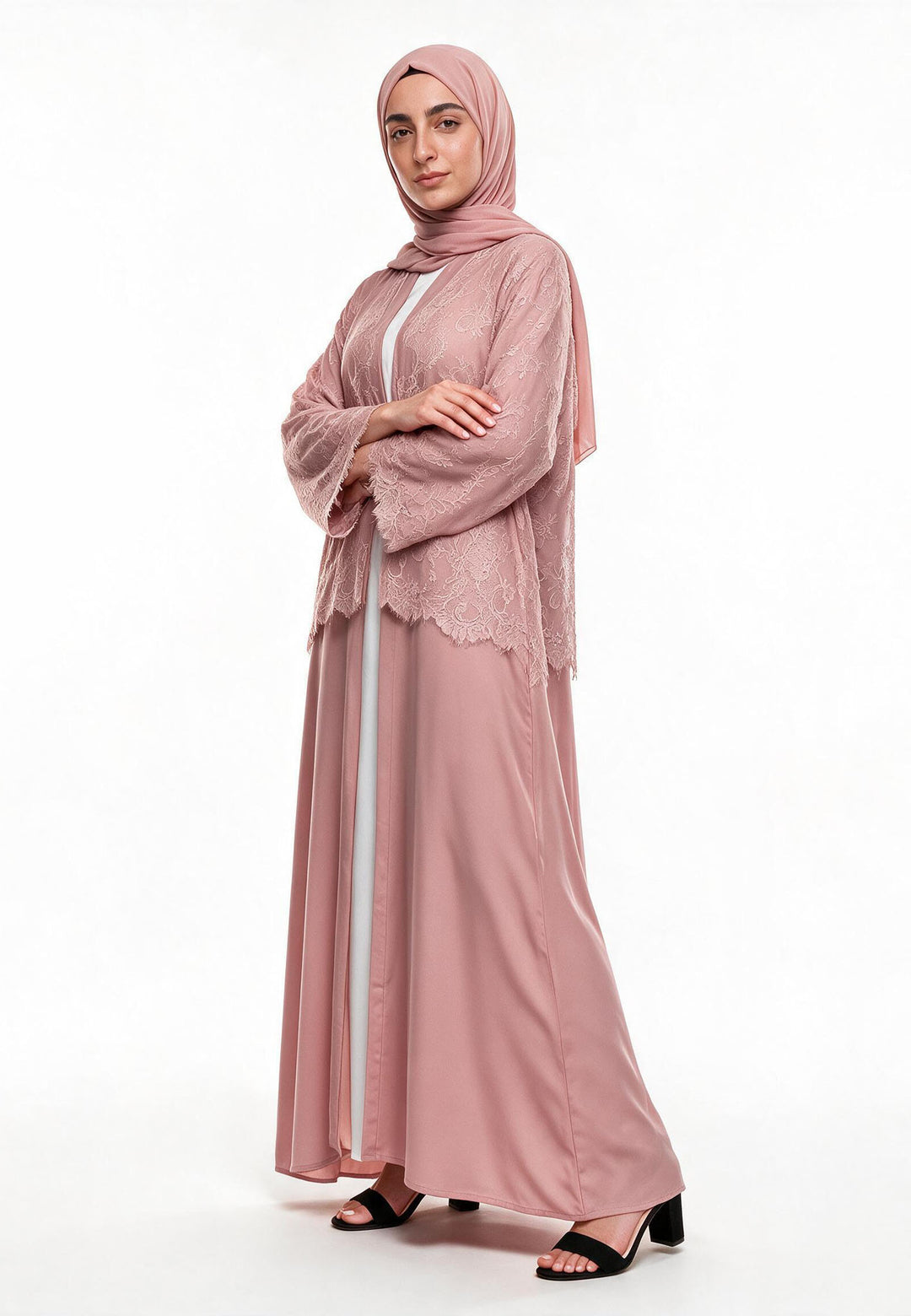 Blush Lace Cape Open Abaya (Premium)