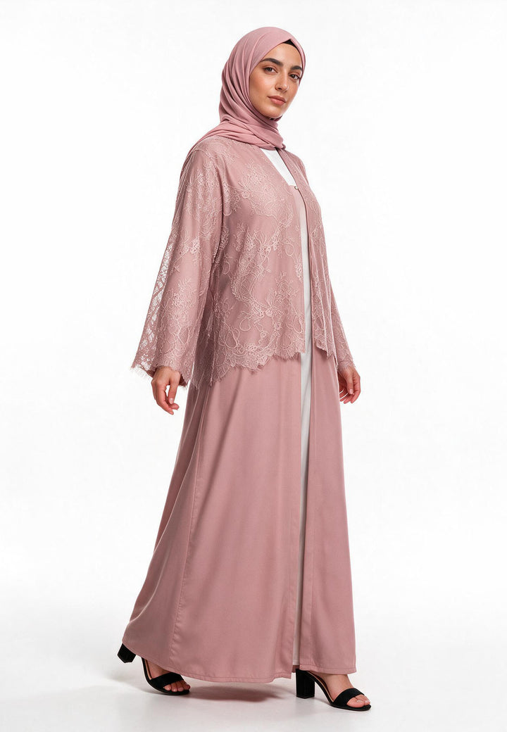 Blush Lace Cape Open Abaya (Premium)
