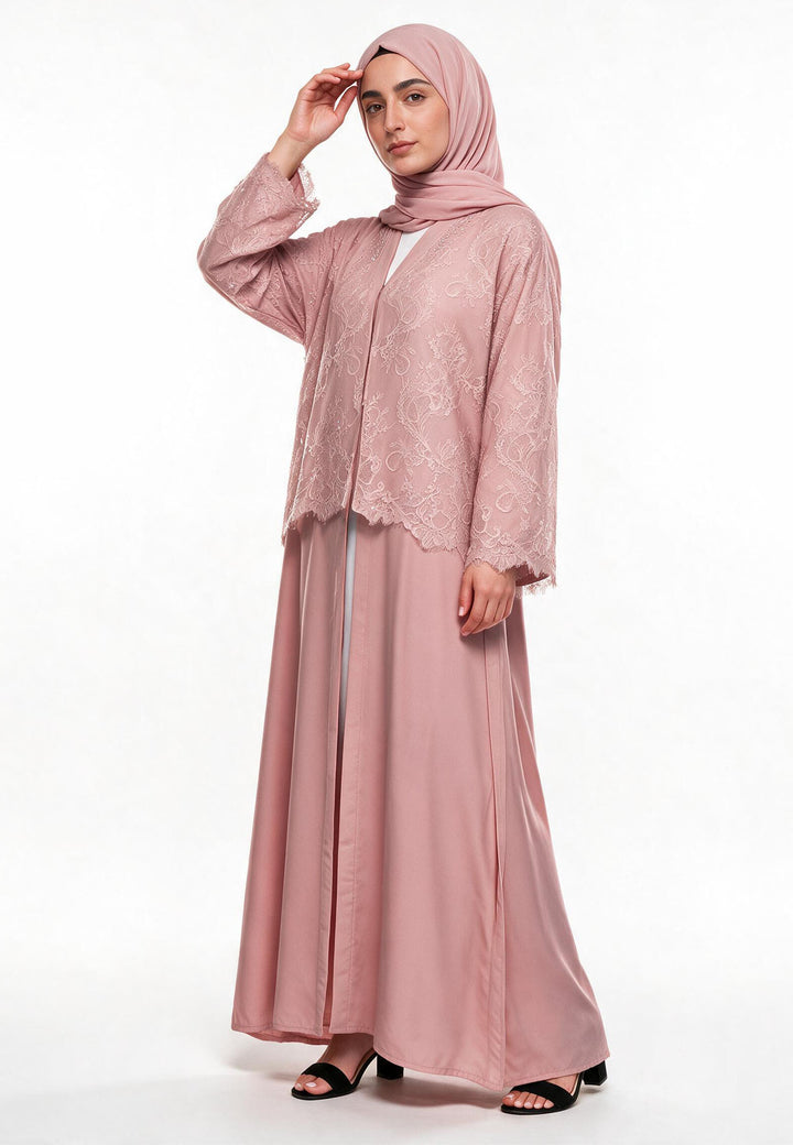 Blush Lace Cape Open Abaya (Premium)