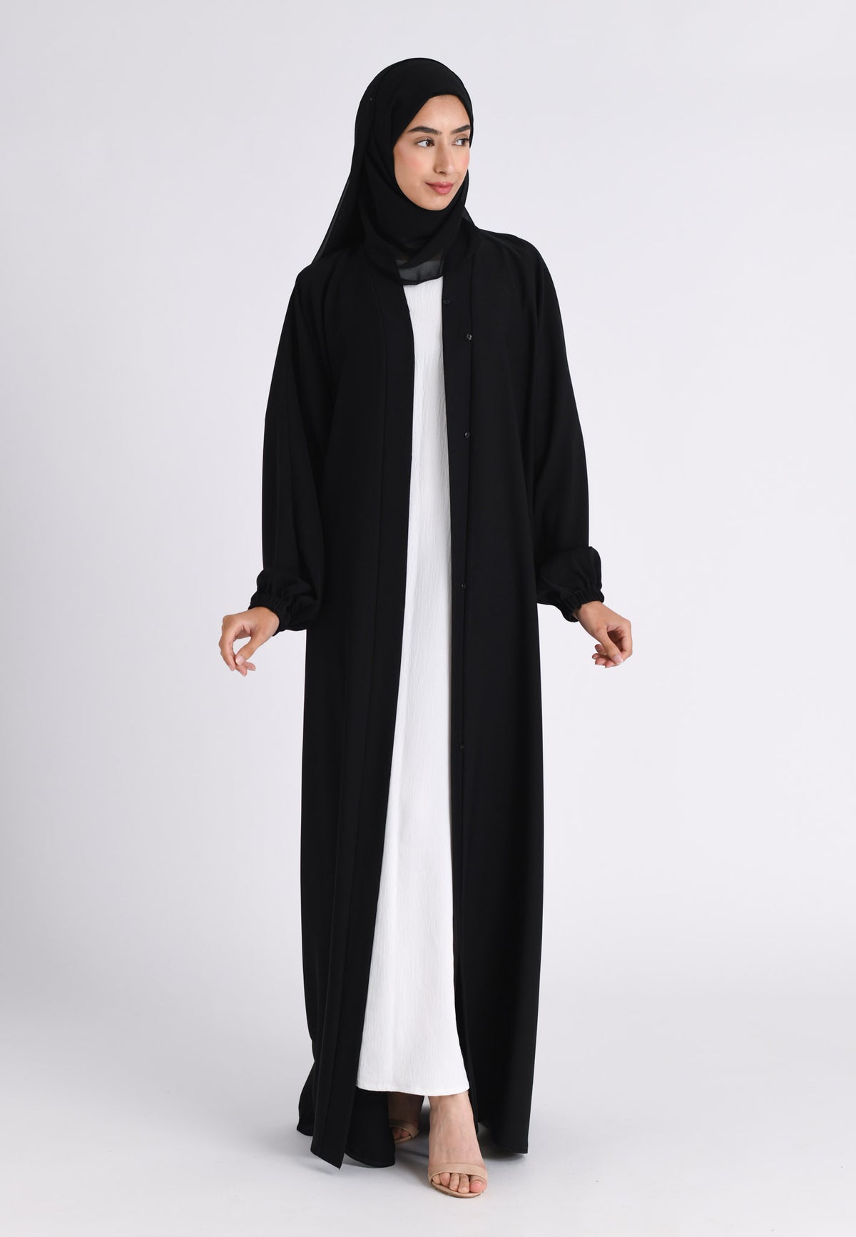 Plain Black Open Abaya With Cuff Sleeves