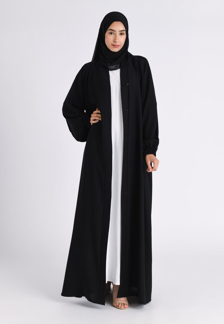 Plain Black Open Abaya With Cuff Sleeves