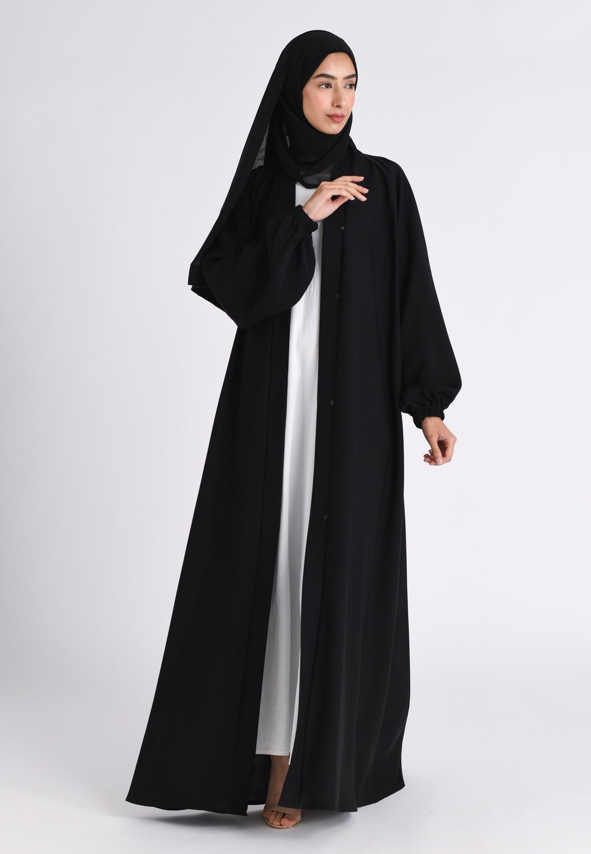 Plain Black Open Abaya With Cuff Sleeves