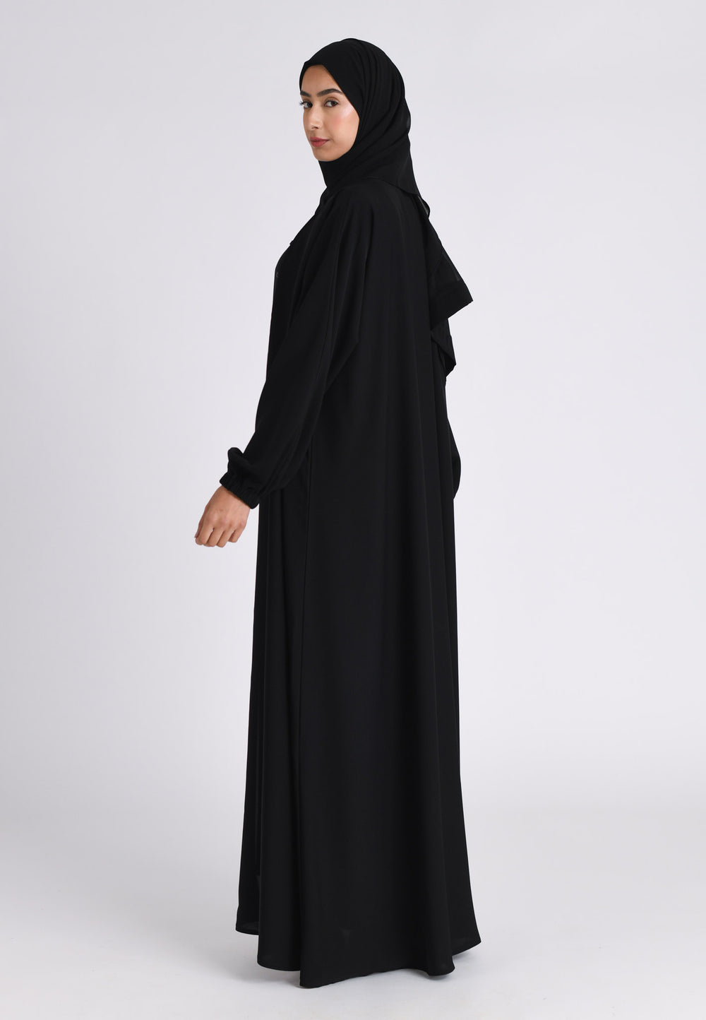 Plain Black Open Abaya With Cuff Sleeves