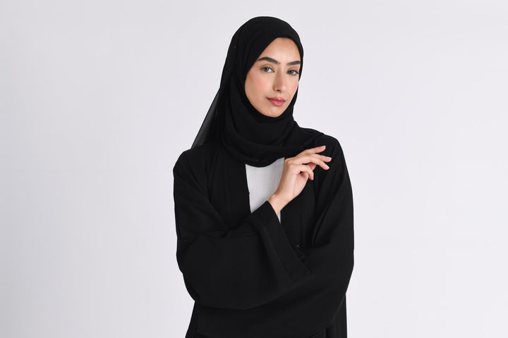 Plain Black Textured Open Abaya