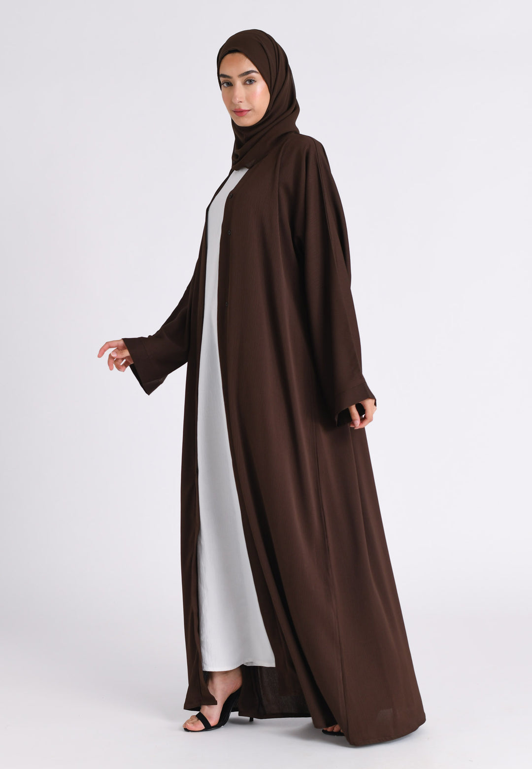 Plain Chocolate Brown Textured Open Abaya