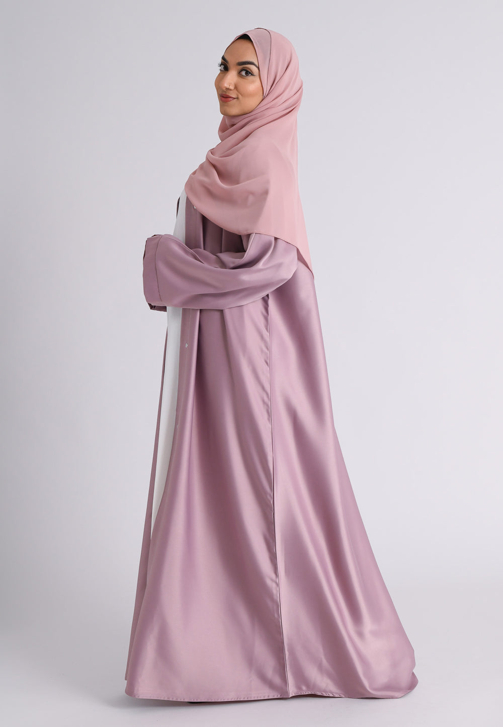 Plain Liquid Satin Open Abaya - Blush Pink
