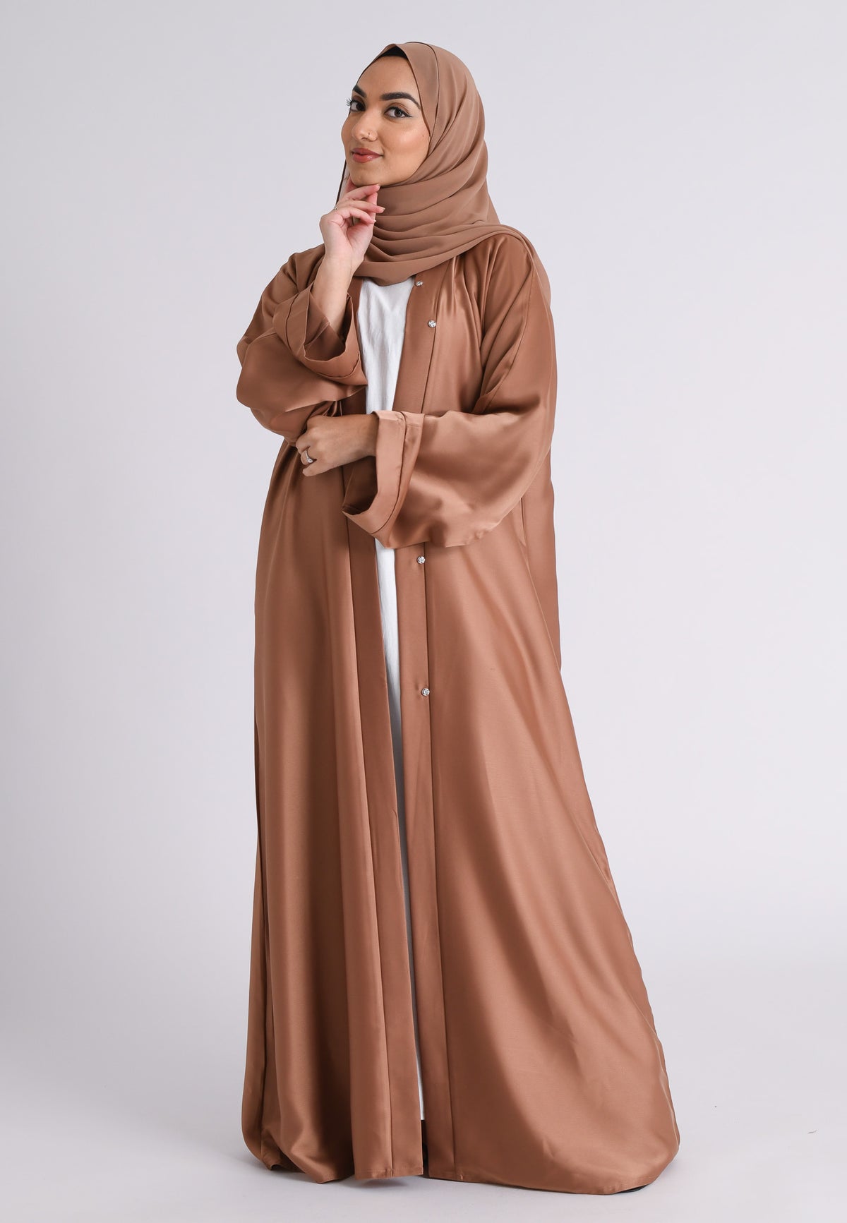 Plain Liquid Satin Open Abaya - Bronze