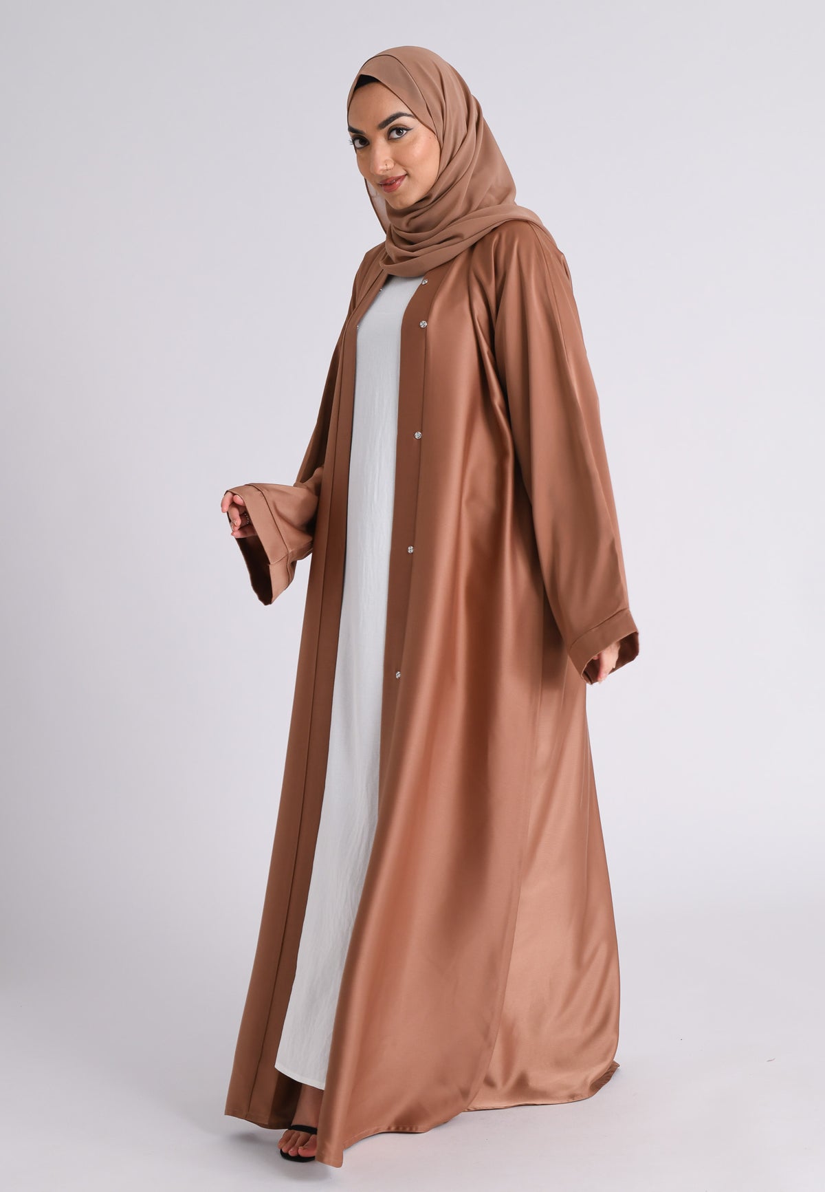 Plain Liquid Satin Open Abaya - Bronze