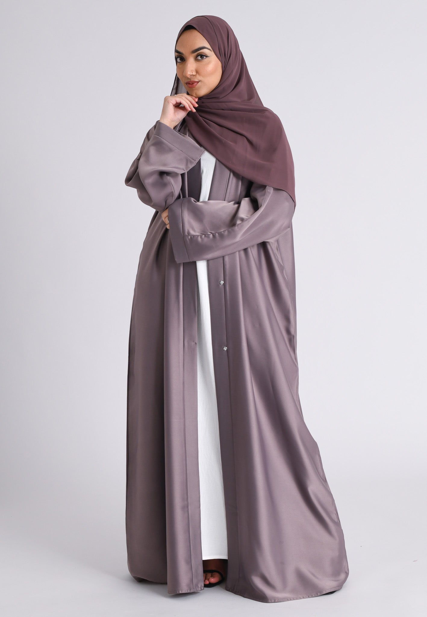 Buy Stylish Plain Lilac Liquid Satin Open Abaya Hayah Al Muslimah