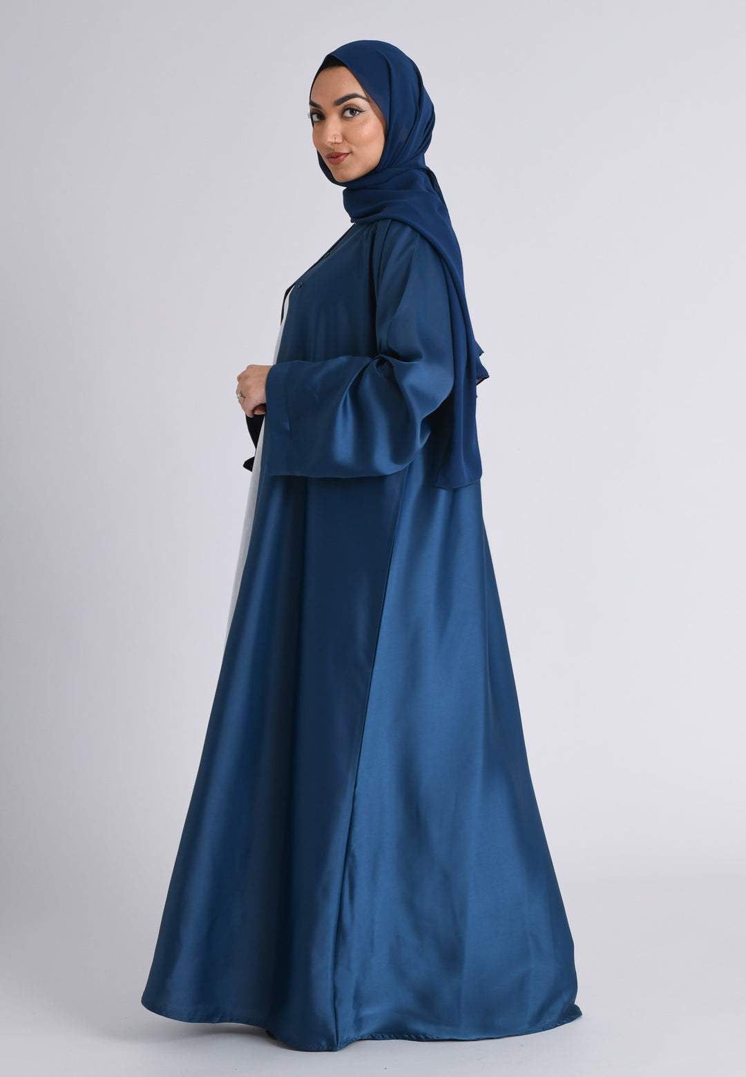 Plain Liquid Satin Open Abaya - Navy