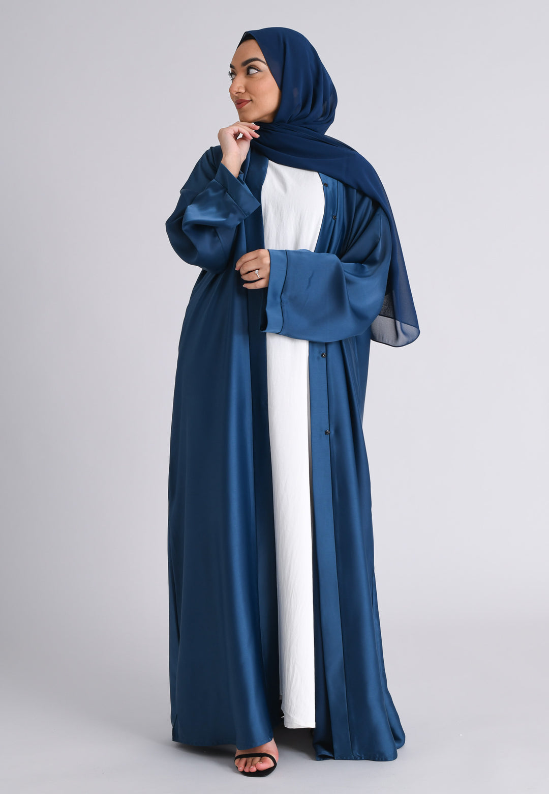 Plain Liquid Satin Open Abaya - Navy