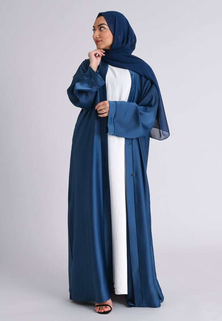 Plain Liquid Satin Open Abaya - Navy