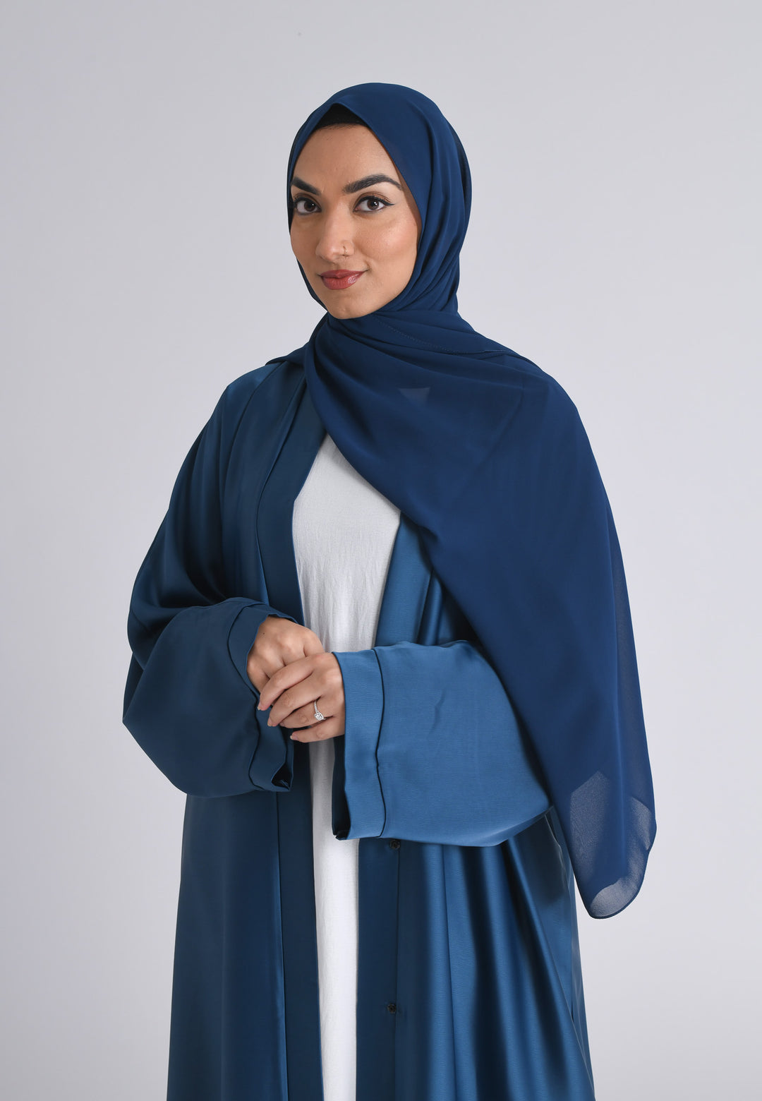 Plain Liquid Satin Open Abaya - Navy