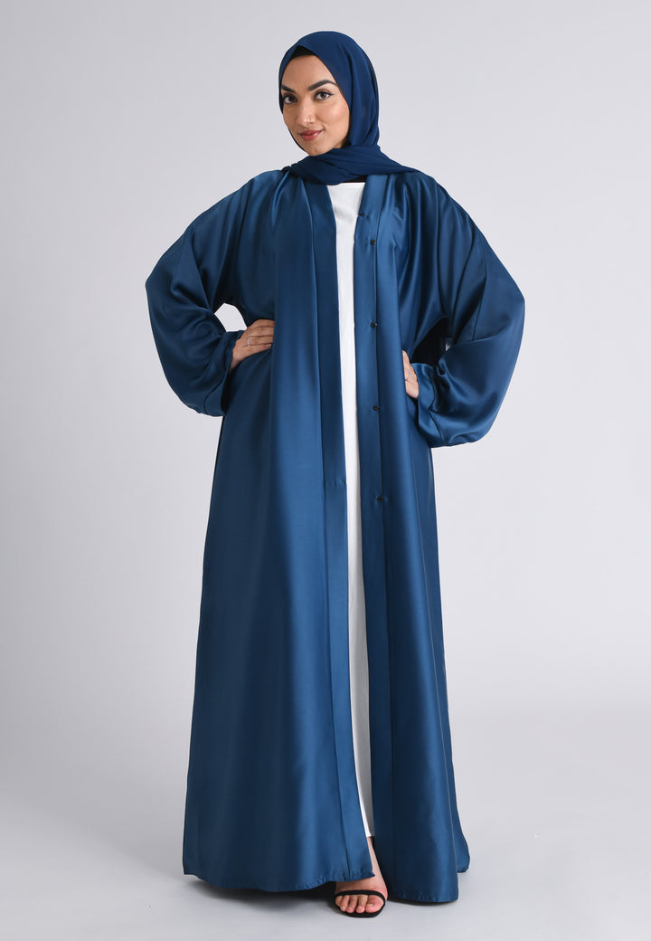 Plain Liquid Satin Open Abaya - Navy