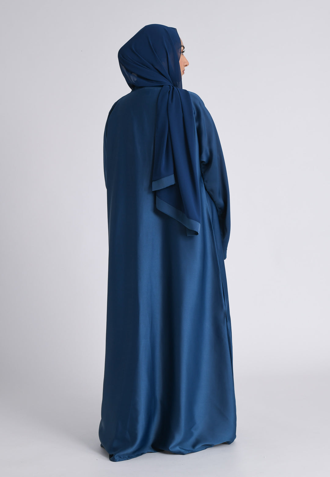 Plain Liquid Satin Open Abaya - Navy