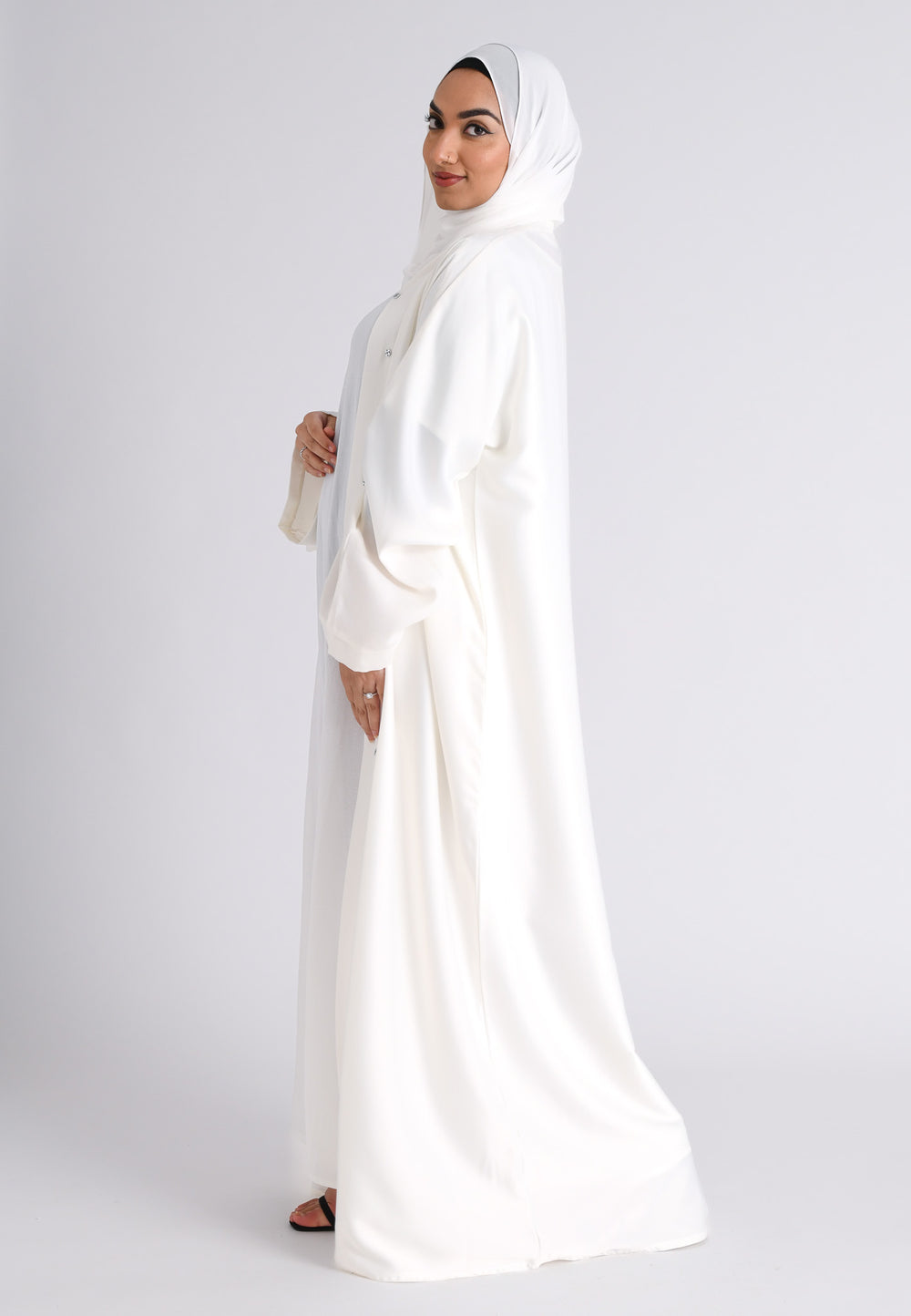Plain Liquid Satin Open Abaya - White