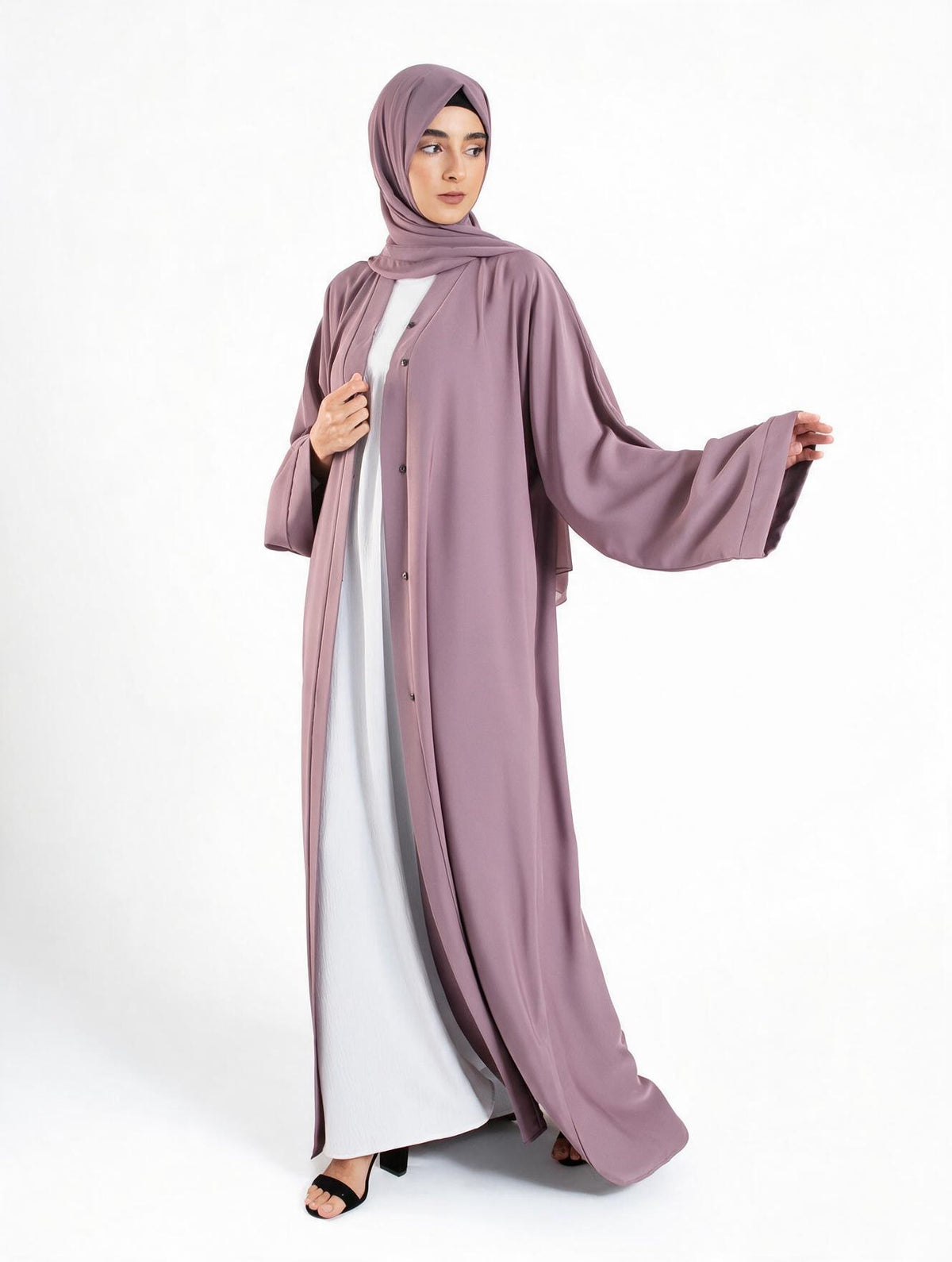 Plain Open Abaya With Wide Sleeves - Lilac