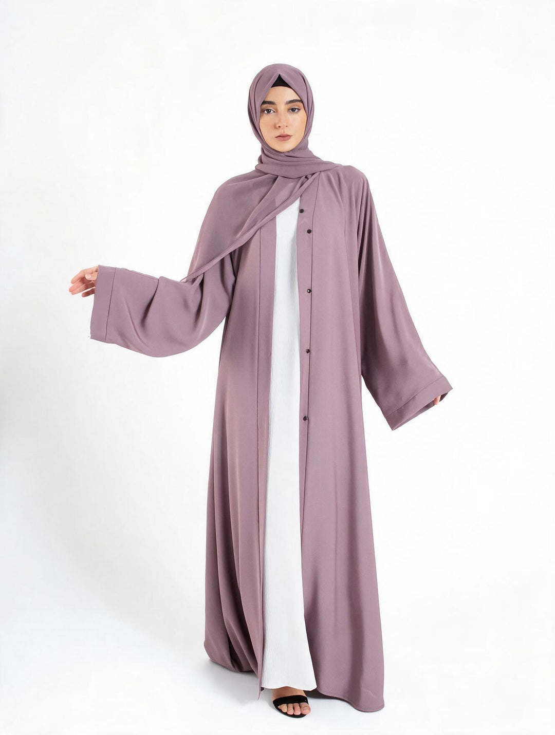 Plain Open Abaya With Wide Sleeves - Lilac