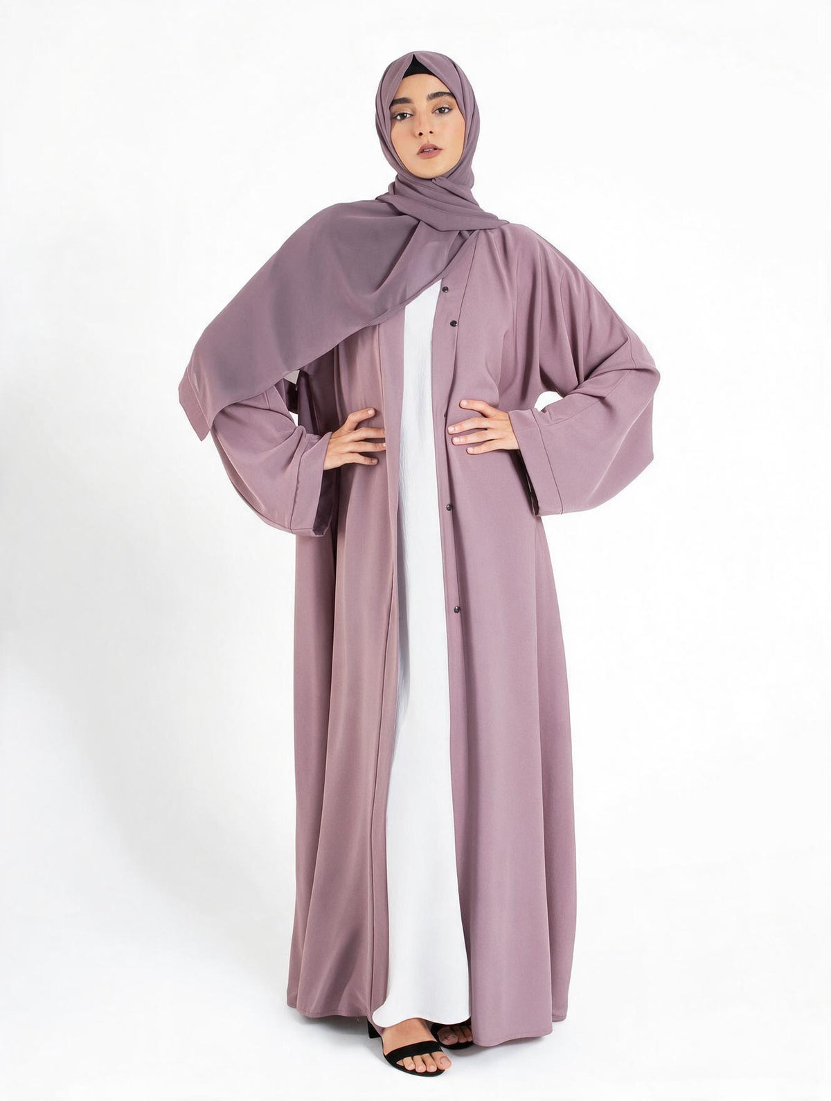 Plain Open Abaya With Wide Sleeves - Lilac