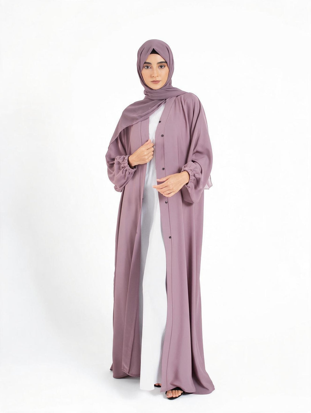 Plain Lilac Open Abaya with Cuff Sleeves