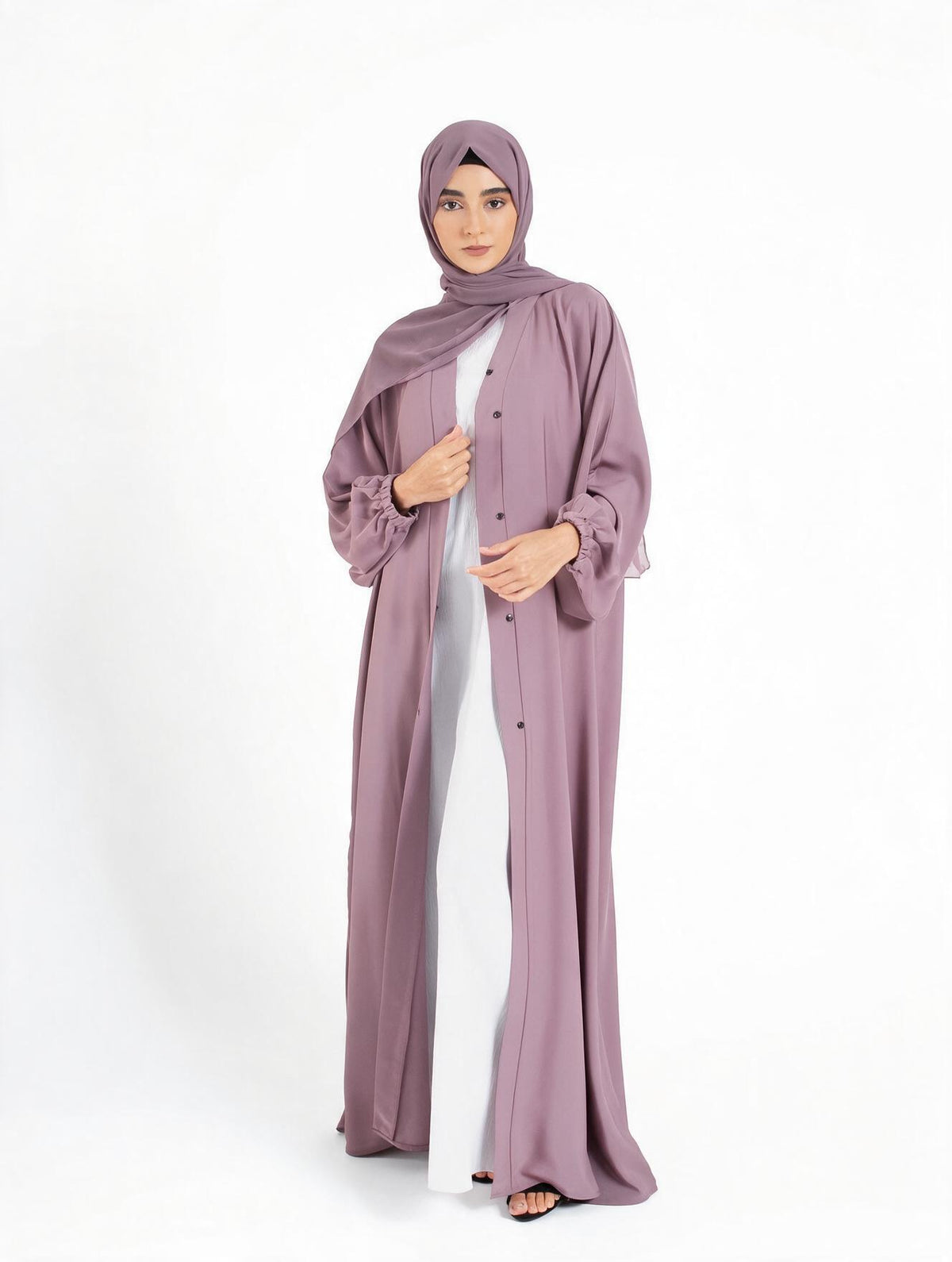 Plain Lilac Open Abaya with Cuff Sleeves