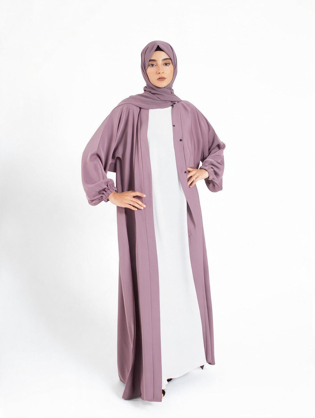 Plain Lilac Open Abaya with Cuff Sleeves