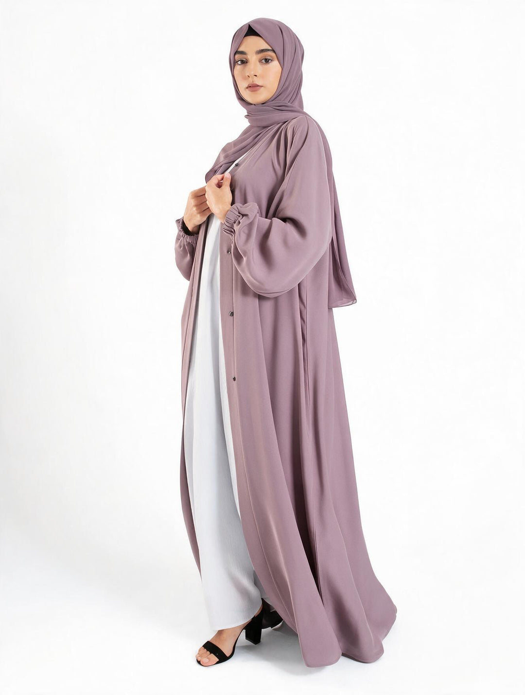 Plain Lilac Open Abaya with Cuff Sleeves