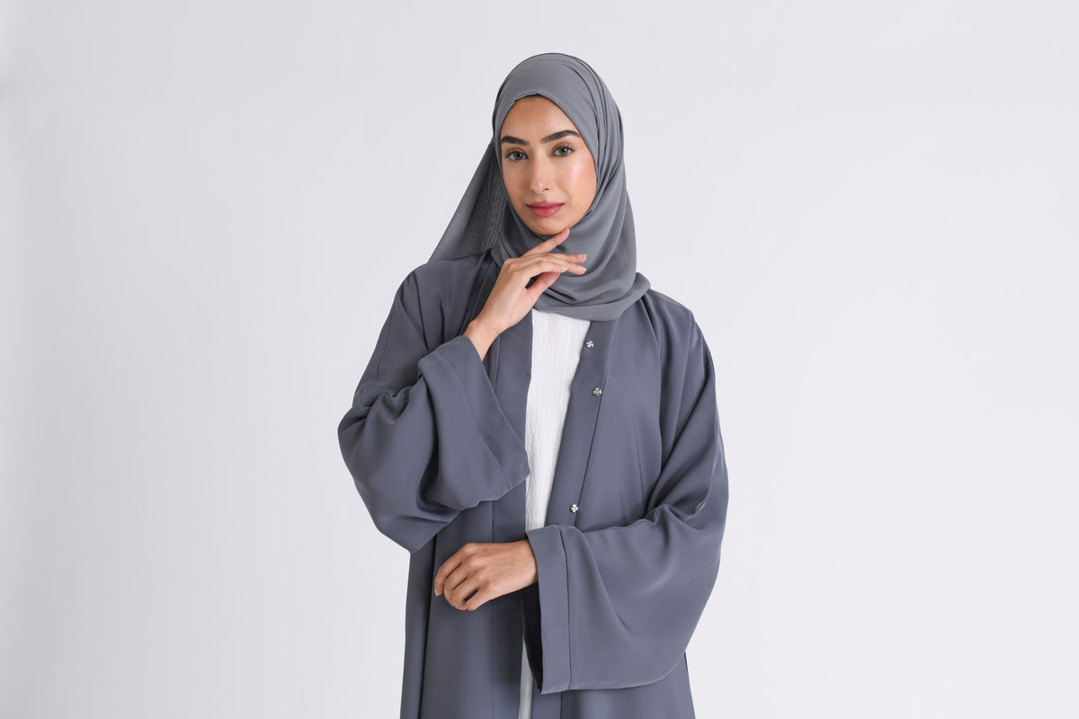 Plain Pearl Grey Open Abaya