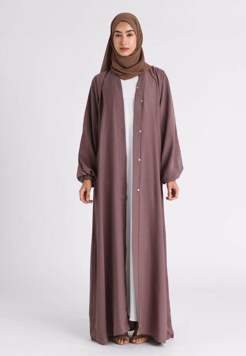 Plain Taupe Open Abaya With Elasticated Cuff Sleeves (Premium)