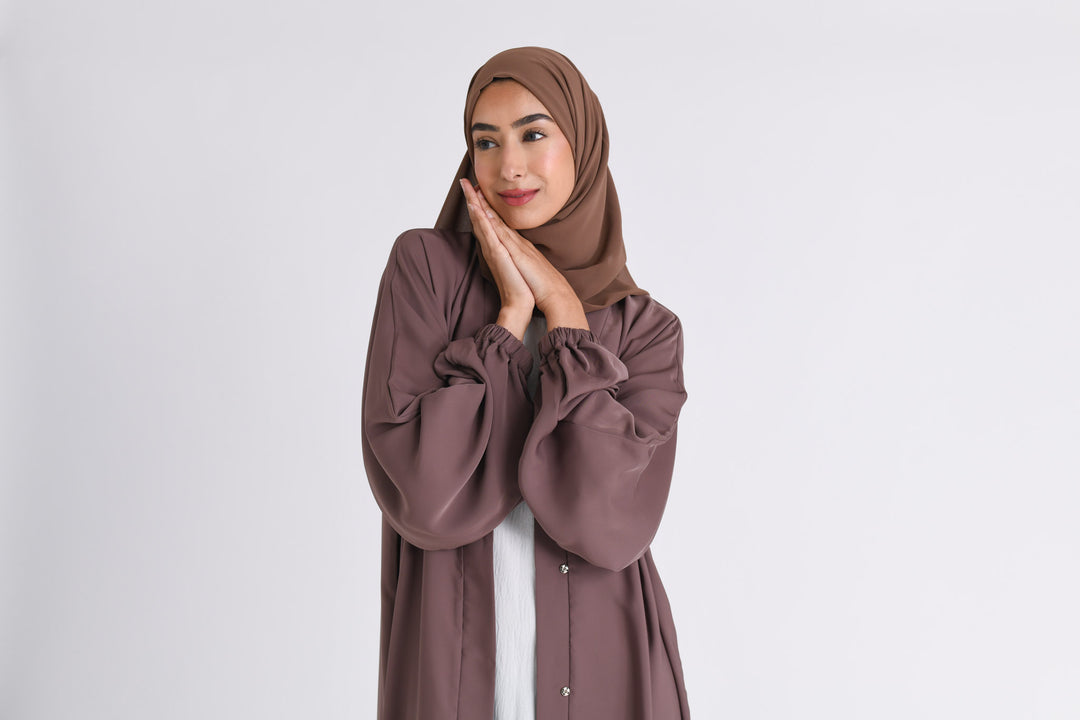 Plain Taupe Open Abaya With Elasticated Cuff Sleeves (Premium)