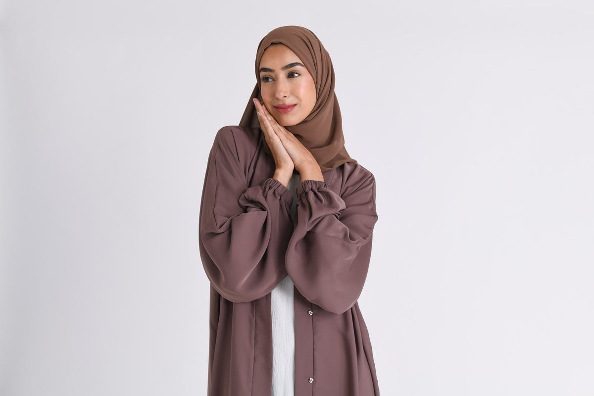 Plain Taupe Open Abaya With Elasticated Cuff Sleeves (Premium) Hayah Al-Muslimah