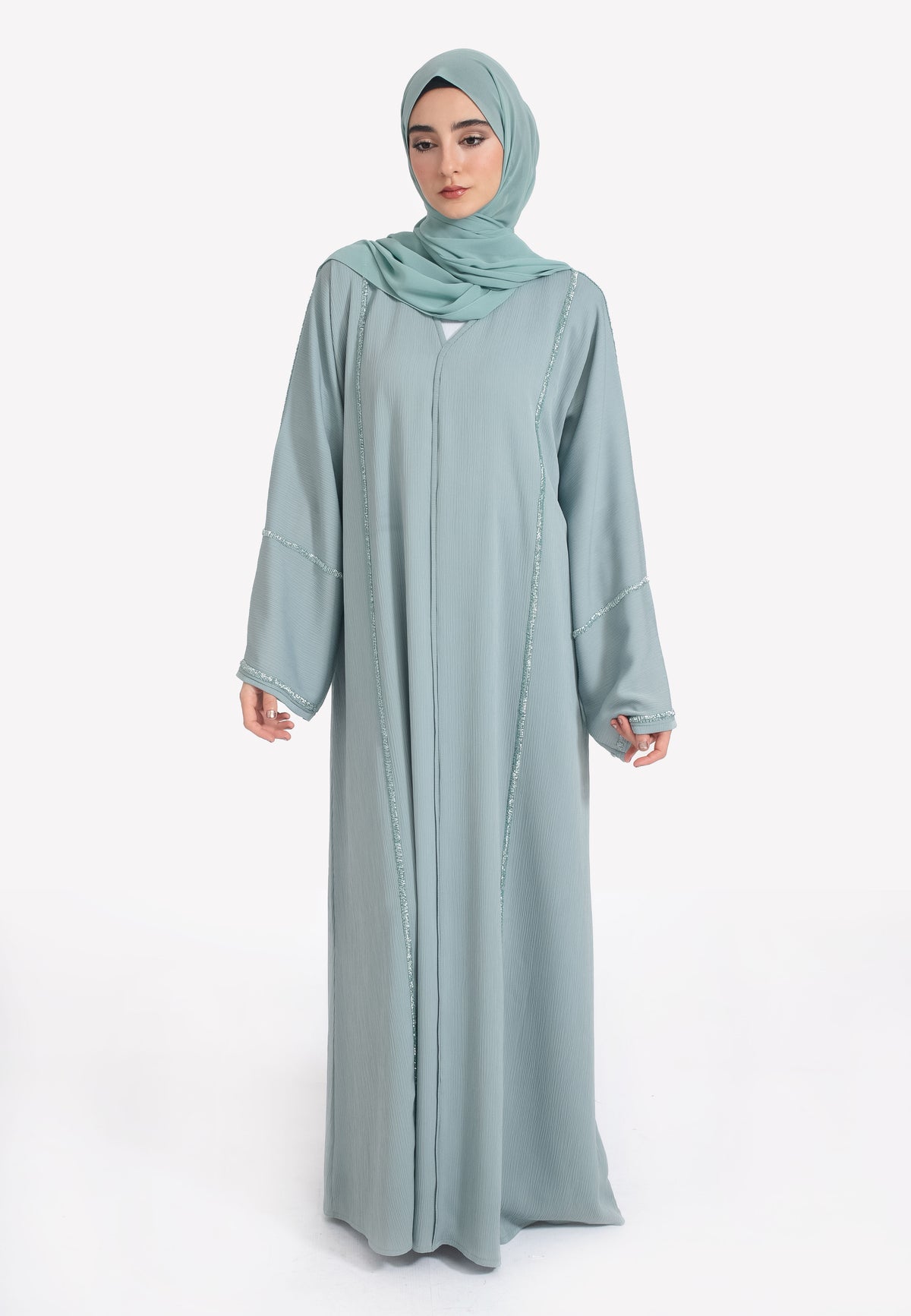 Front of Powder Green Closed Abaya